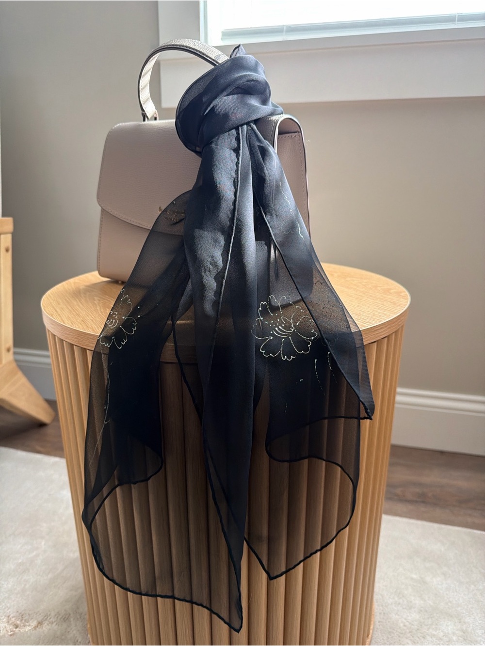 Black Sheer Floral Chiffon Scarf Tie for Handbag - Elegant Accessory